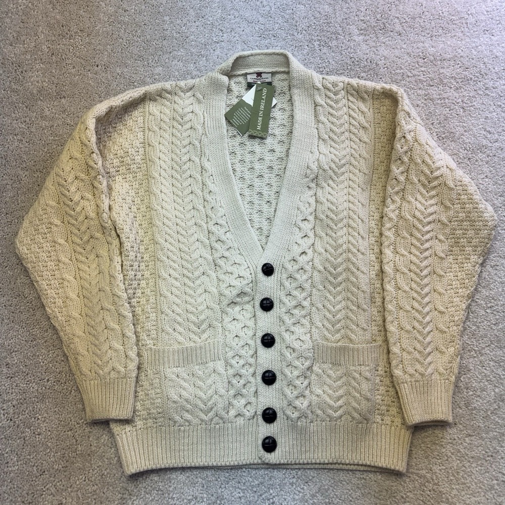 NWT CARRAIG DONN Mens Cardigan Ivory 100% Merino Wool Chunky Cable Knit Size L